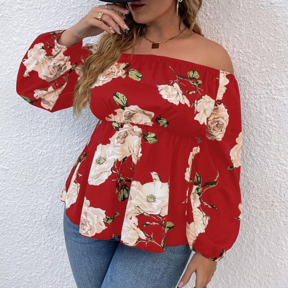 Boho Plus Floral Print Off Shoulder Cottagecore Top - Picture 5 of 9